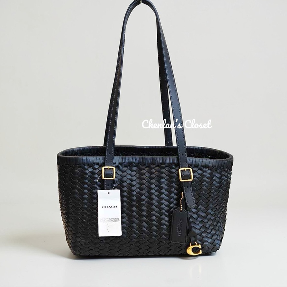 Coach Black Woven Leather Swing Tote Carryall Shoulder Bag Purse - Picture 3 of 13